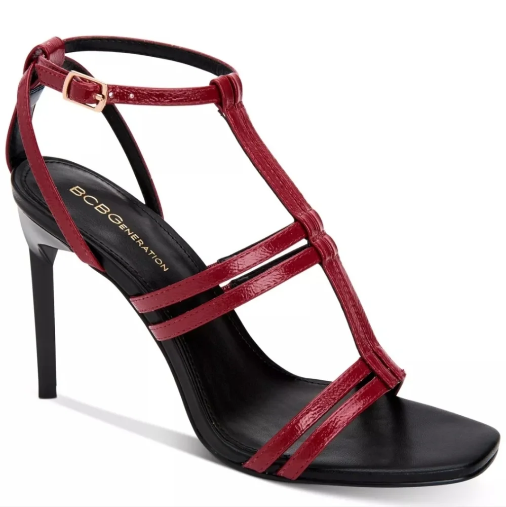 BCBGENERATION Womens Red Caged Effect Isabela Square Toe Stiletto Sandal, 9.5